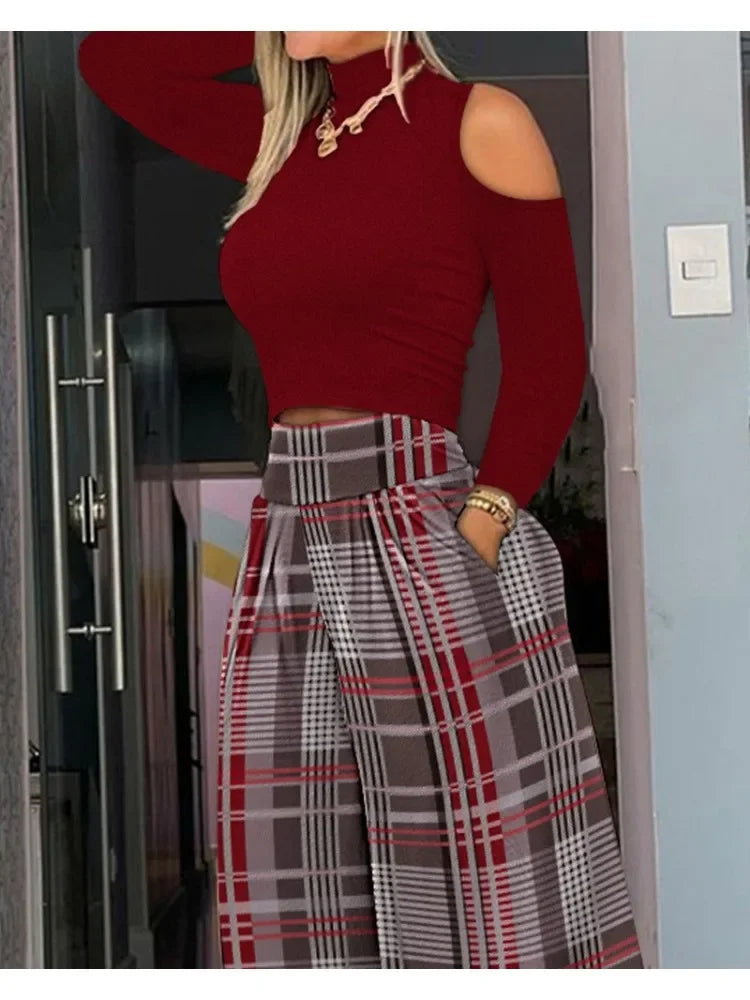 Women's Cold Shoulder Top & Plaid Wide-Leg Pants Set