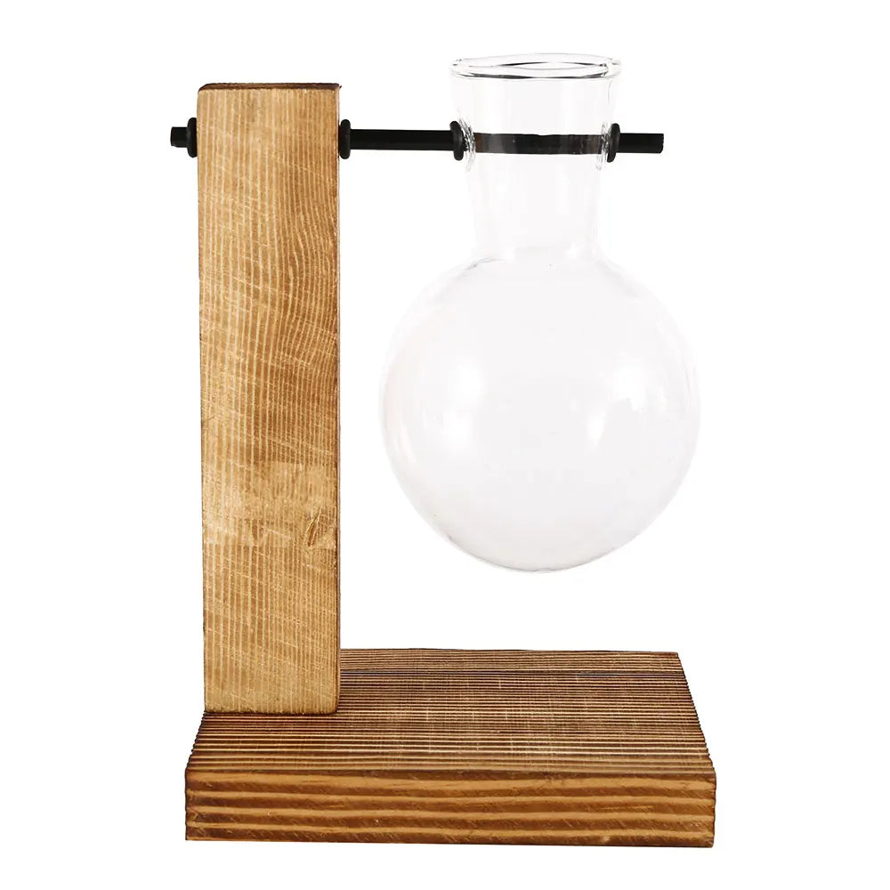 Vintage Glass Bulb Vase with Wooden Stand – Hydroponic Planter, Retro Desktop Decor for Home & Office