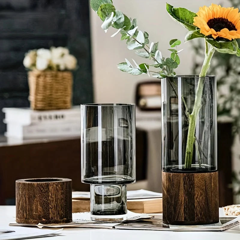 Elegant Glass Vase with Wooden Base – Hydroponic Plant Display, Modern Tabletop Home Decor