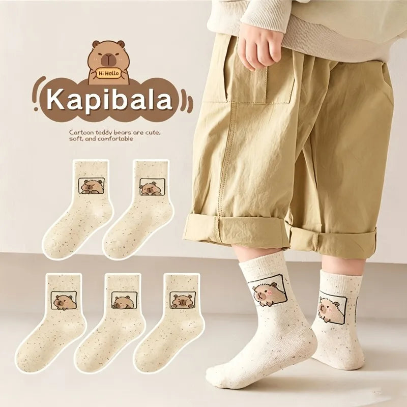 5-Pair of Kids' Sock Featuring Adorable Capybara Cartoon Prints,These Cute Styled Sock Are Ideal for School Days,Fall And Winter