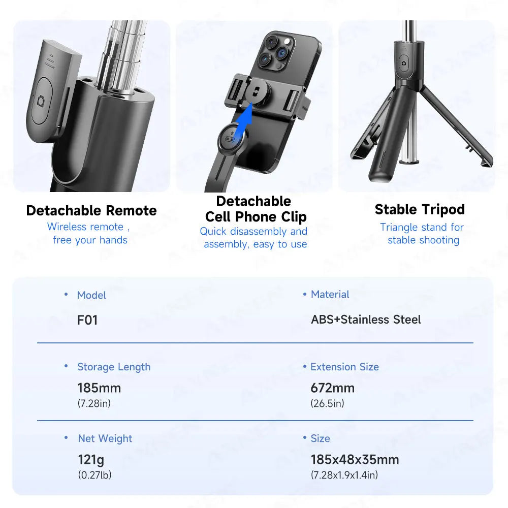 Selfie Stick Tripod with Detachable Bluetooth Remote, 360° Rotation,Extendable Pole, Fill Light Option, for iPhone Android Phone