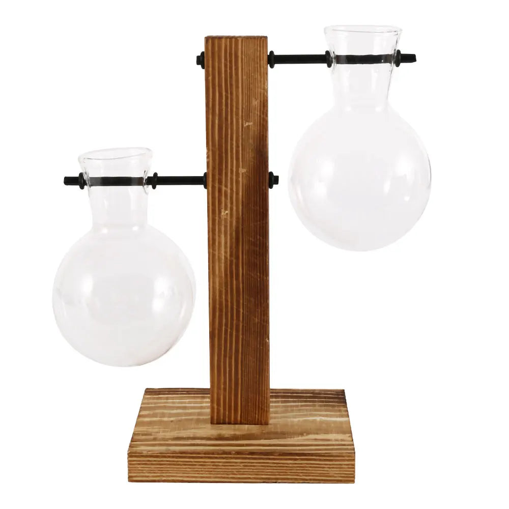 Vintage Glass Bulb Vase with Wooden Stand – Hydroponic Planter, Retro Desktop Decor for Home & Office