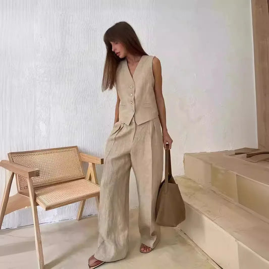 Women's Linen-Cotton Vest & Pants 2-Piece Set