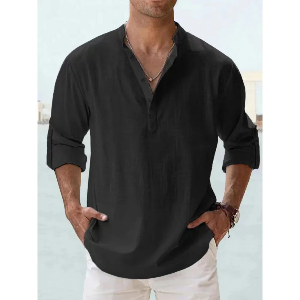 Men's Cotton-Linen Long Sleeve Beach Henley