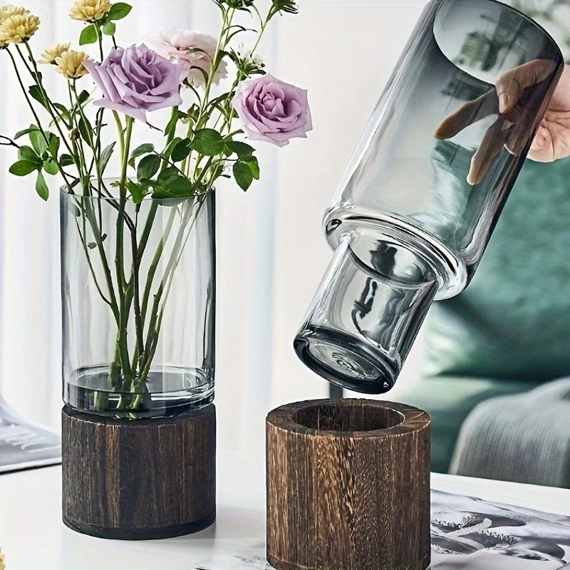Elegant Glass Vase with Wooden Base – Hydroponic Plant Display, Modern Tabletop Home Decor
