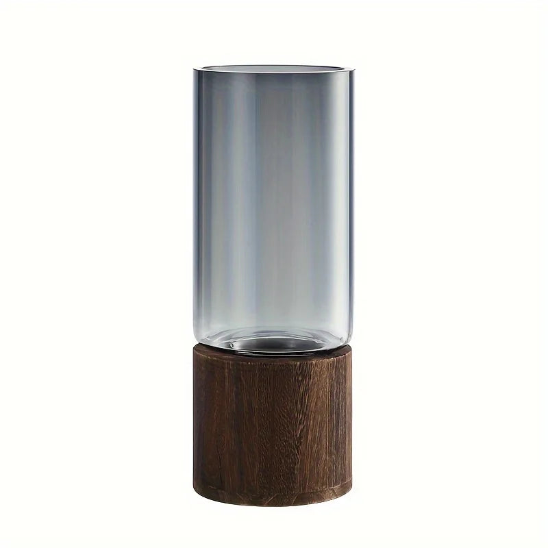 Elegant Glass Vase with Wooden Base – Hydroponic Plant Display, Modern Tabletop Home Decor