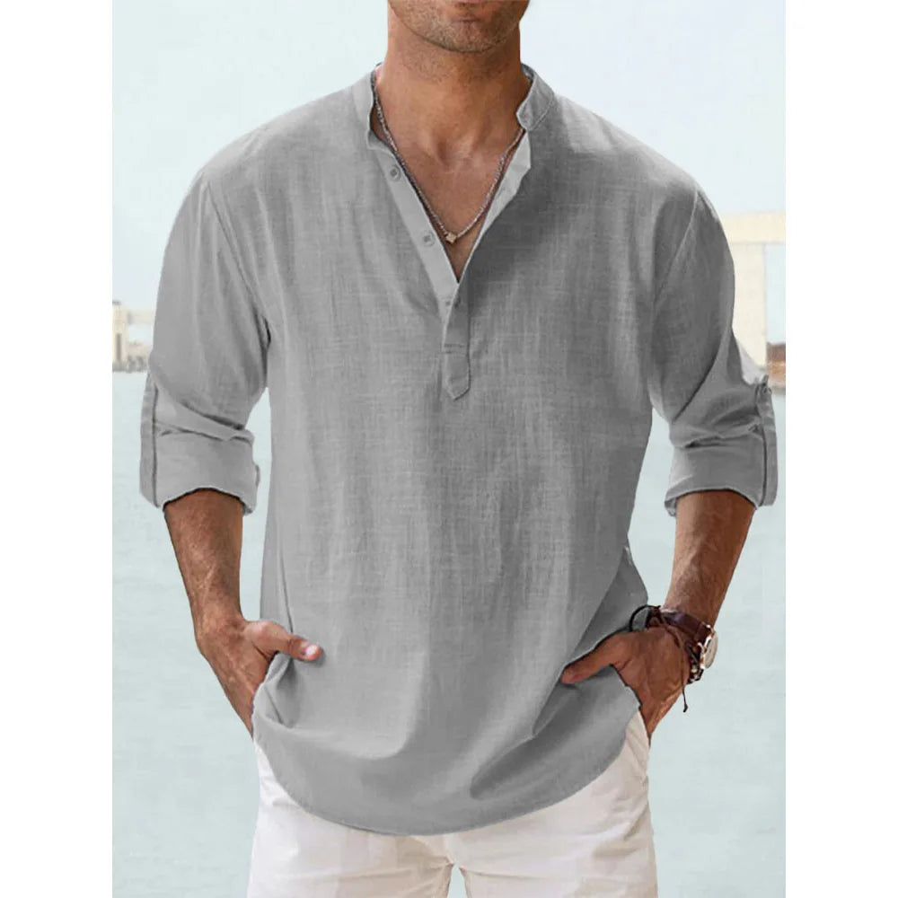 Men's Cotton-Linen Long Sleeve Beach Henley