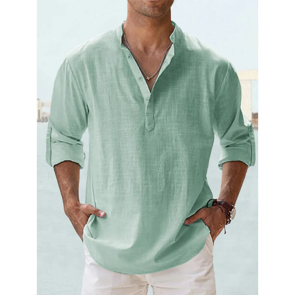 Men's Cotton-Linen Long Sleeve Beach Henley