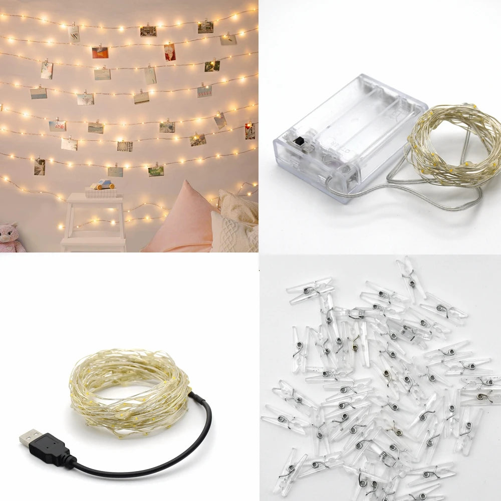 LED Photo Clip String Lights – USB or Battery Powered, Bedroom & Party Decoration
