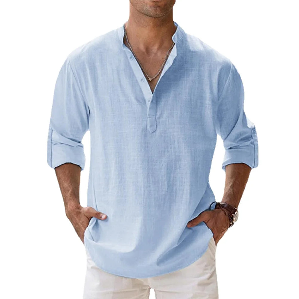 Men's Cotton-Linen Long Sleeve Beach Henley