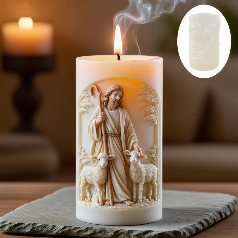 Jesus Shepherd Relief Cylinder Candle Silicone Mold Easter Jesus Shepherd Flower Resin Mold Jesus Sheep Relief Gypsum Mold