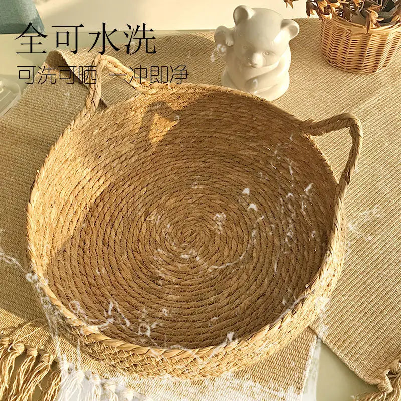 Rattan Weave Cat Basket Bed – Soft Cushion, Warm & Cozy, 35–40cm