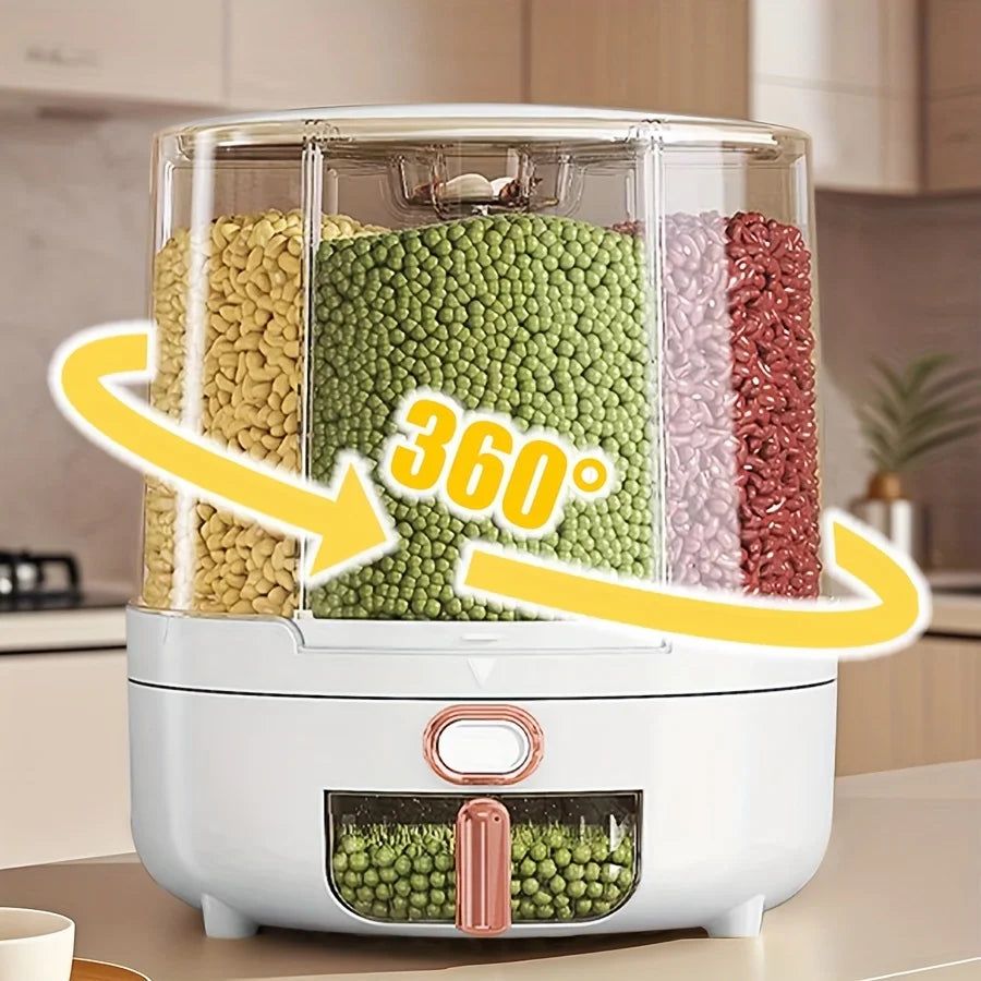 6‑Compartment 360° Rotating Airtight Food Storage Container Moisture‑Proof Cereal Rice Candy Kitchen Pantry Dry Snack Organizer