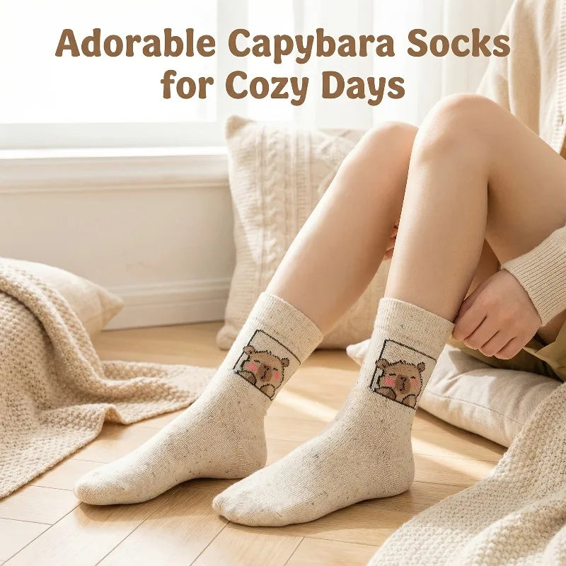 5-Pair of Kids' Sock Featuring Adorable Capybara Cartoon Prints,These Cute Styled Sock Are Ideal for School Days,Fall And Winter