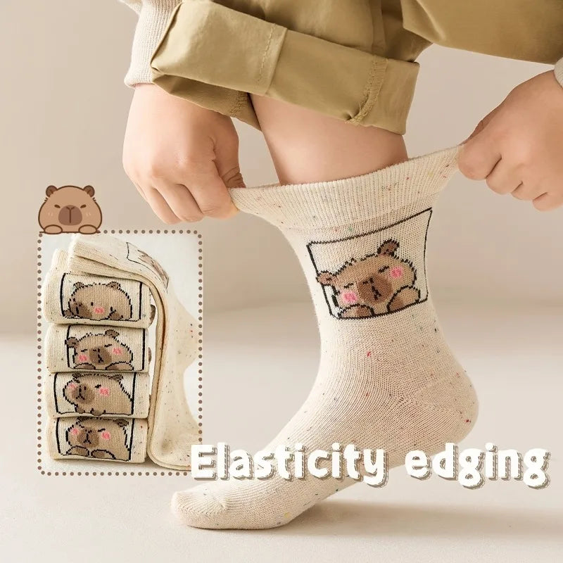 5-Pair of Kids' Sock Featuring Adorable Capybara Cartoon Prints,These Cute Styled Sock Are Ideal for School Days,Fall And Winter