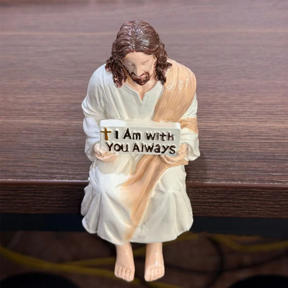 Hand Painted Jesus Figurine I Am with You Always Sitting Pose Resin Jesus Ornament Handmade Unique Jesus Christ Statue