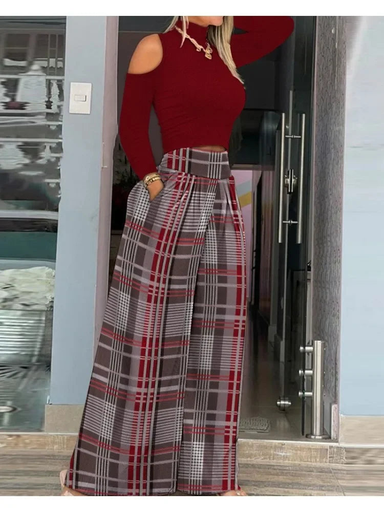 Women's Cold Shoulder Top & Plaid Wide-Leg Pants Set