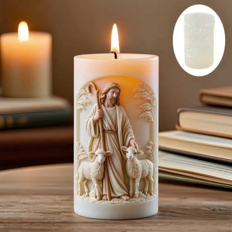 Jesus Shepherd Relief Cylinder Candle Silicone Mold Easter Jesus Shepherd Flower Resin Mold Jesus Sheep Relief Gypsum Mold