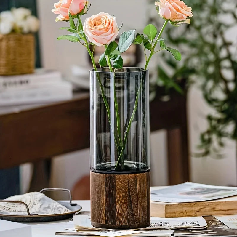 Elegant Glass Vase with Wooden Base – Hydroponic Plant Display, Modern Tabletop Home Decor