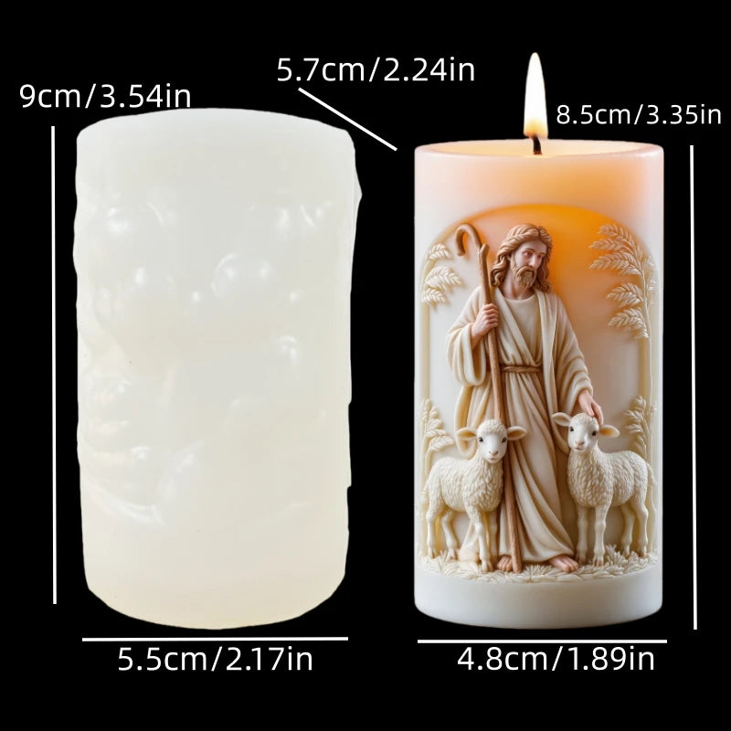 Jesus Shepherd Relief Cylinder Candle Silicone Mold Easter Jesus Shepherd Flower Resin Mold Jesus Sheep Relief Gypsum Mold