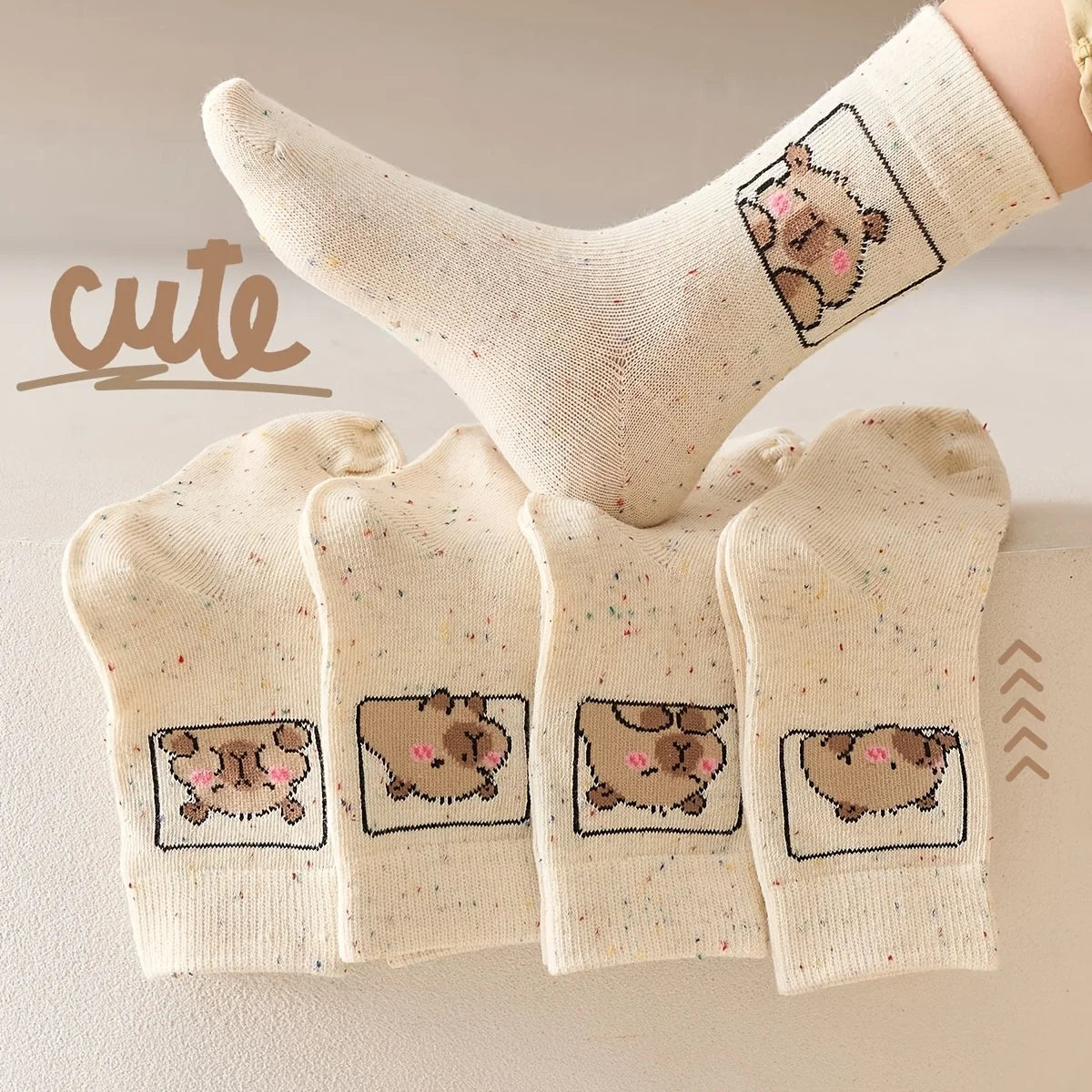5-Pair of Kids' Sock Featuring Adorable Capybara Cartoon Prints,These Cute Styled Sock Are Ideal for School Days,Fall And Winter