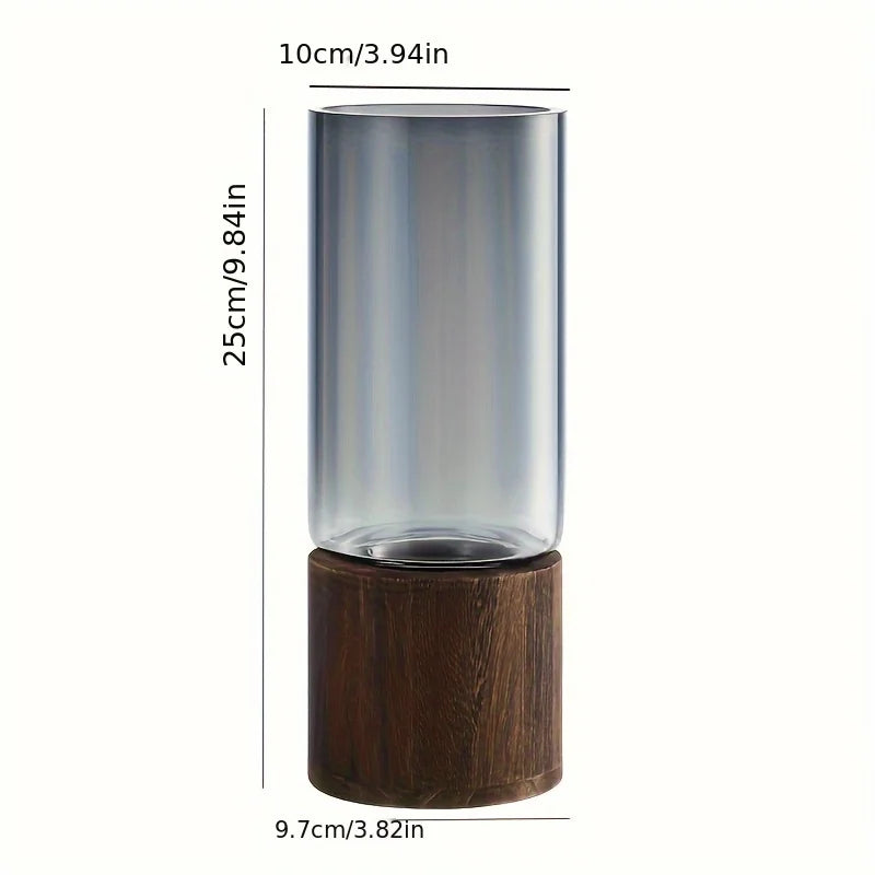 Elegant Glass Vase with Wooden Base – Hydroponic Plant Display, Modern Tabletop Home Decor