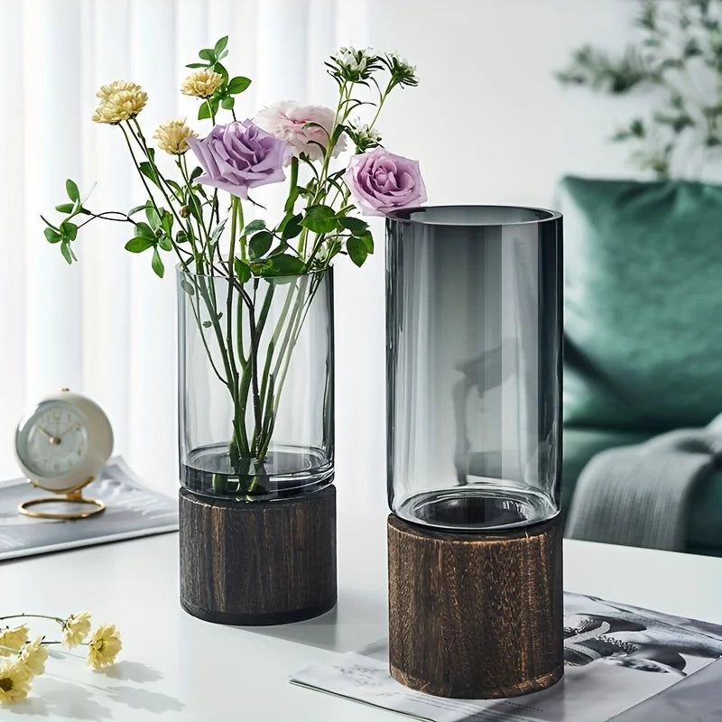 Elegant Glass Vase with Wooden Base – Hydroponic Plant Display, Modern Tabletop Home Decor