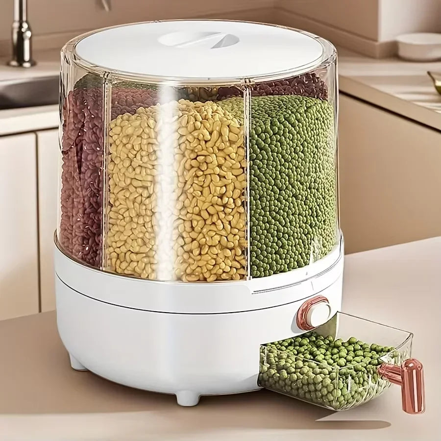 6‑Compartment 360° Rotating Airtight Food Storage Container Moisture‑Proof Cereal Rice Candy Kitchen Pantry Dry Snack Organizer