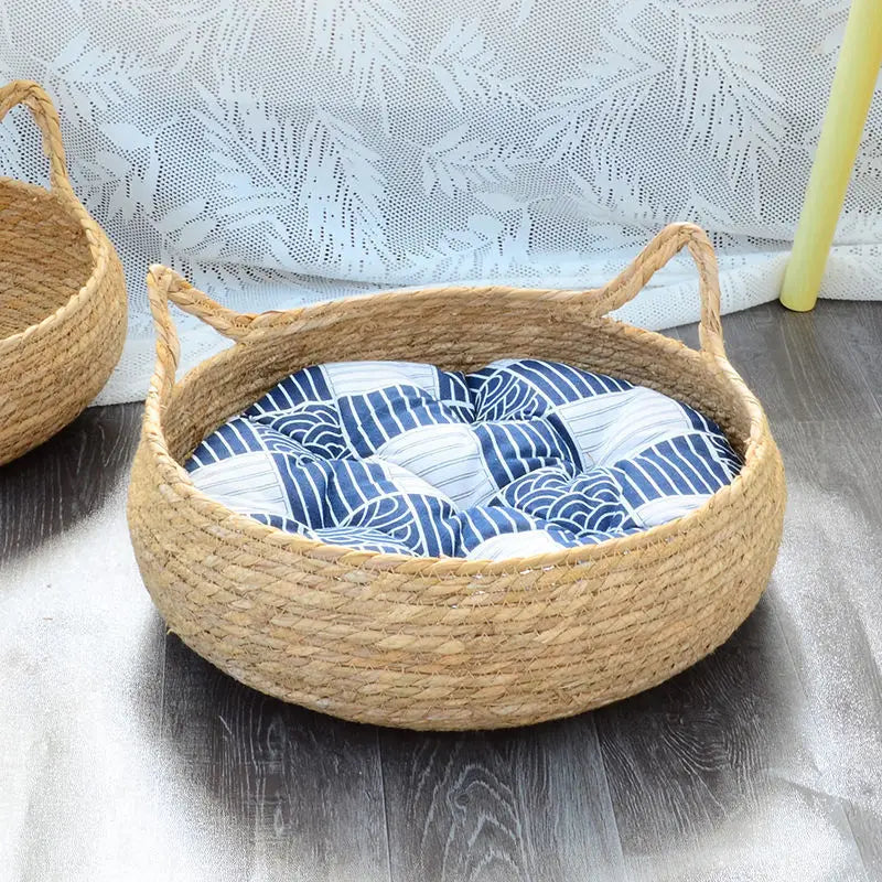Rattan Weave Cat Basket Bed – Soft Cushion, Warm & Cozy, 35–40cm