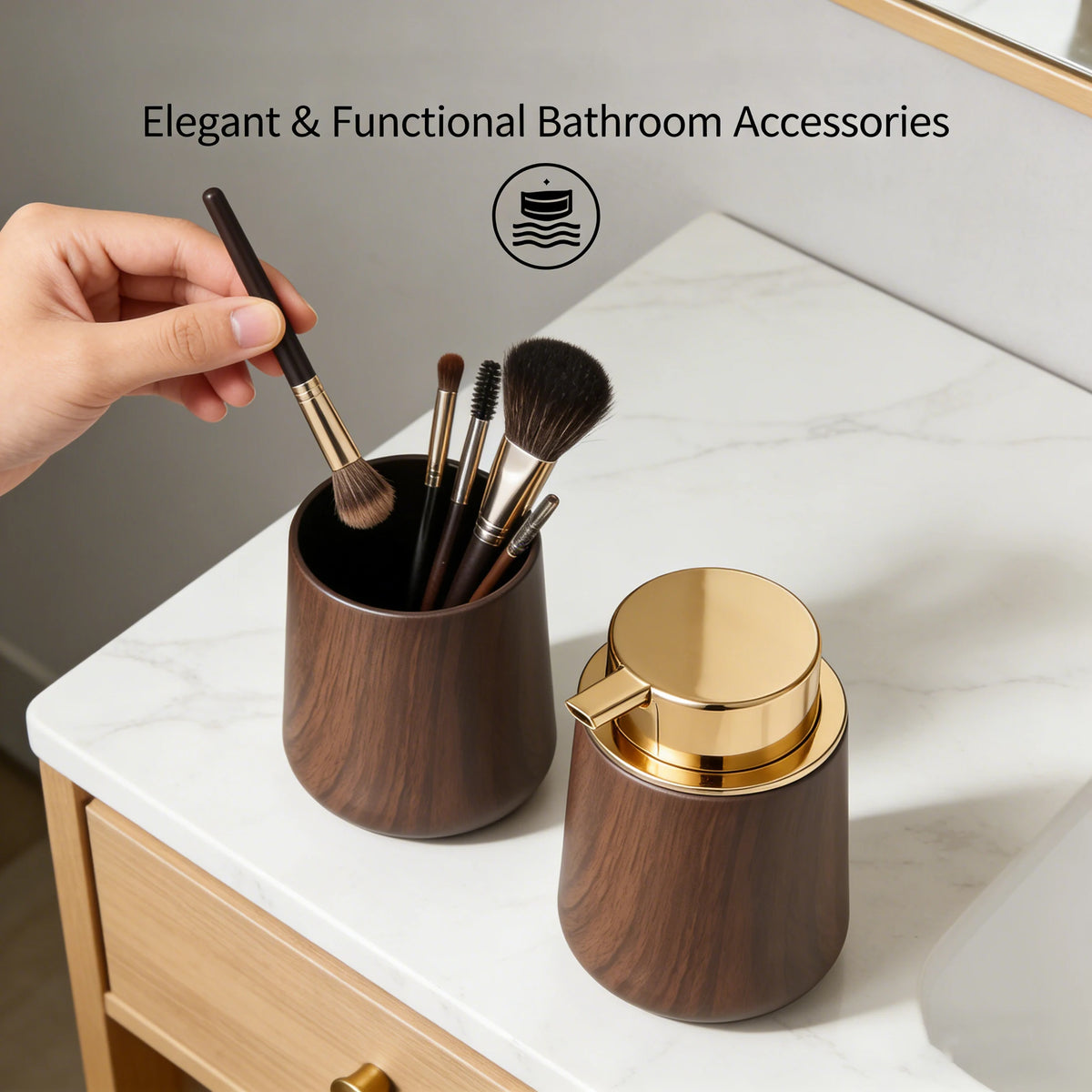 Luxury Bathroom Accessories Set – Refillable Soap Dispenser & Toothbrush Holder, Modern Farmhouse Decor
