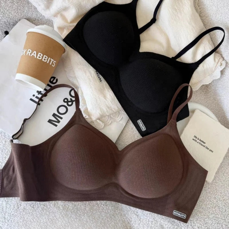 Ribbed Seamless Wireless Bra Women Thin Soft Padded No Underwire Adjustable Strap Comfort Daily Push Up Lingerie Underwear