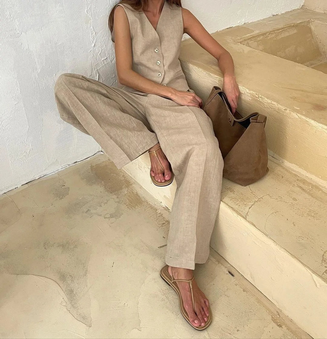 Women's Linen-Cotton Vest & Pants 2-Piece Set