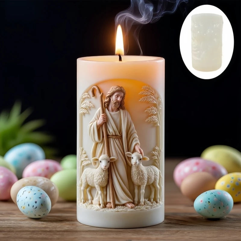Jesus Shepherd Relief Cylinder Candle Silicone Mold Easter Jesus Shepherd Flower Resin Mold Jesus Sheep Relief Gypsum Mold