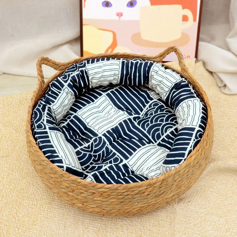 Rattan Weave Cat Basket Bed – Soft Cushion, Warm & Cozy, 35–40cm