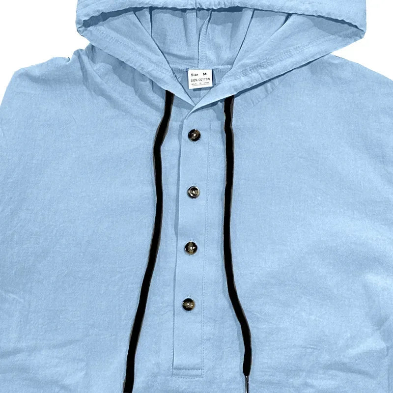 Men's Hooded Cotton-Linen Henley Shirt