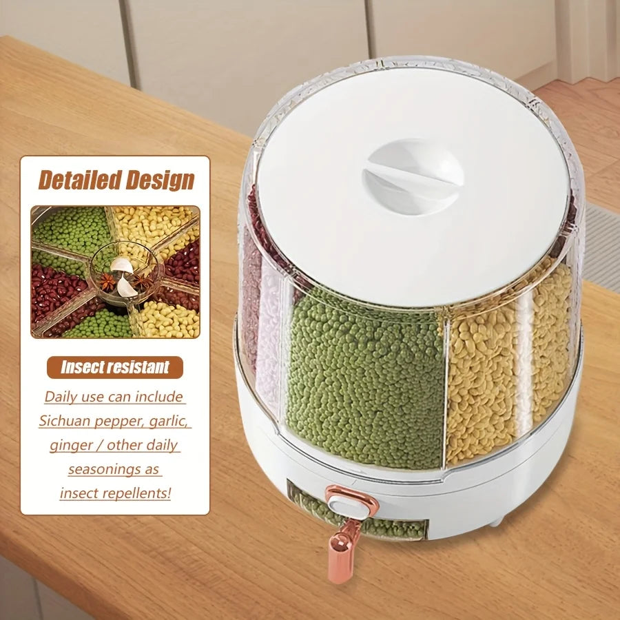 6‑Compartment 360° Rotating Airtight Food Storage Container Moisture‑Proof Cereal Rice Candy Kitchen Pantry Dry Snack Organizer