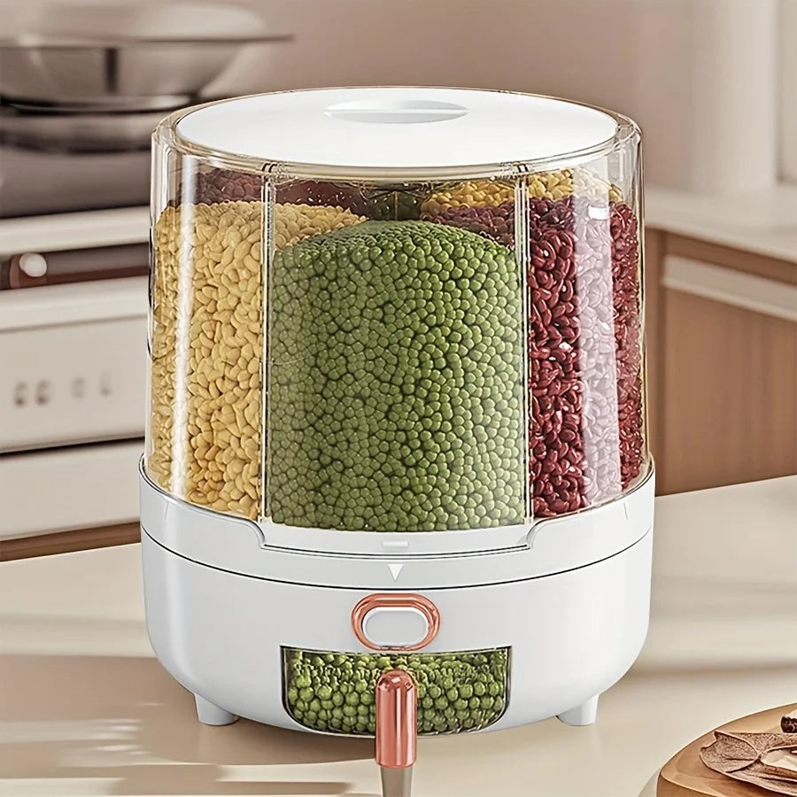 6‑Compartment 360° Rotating Airtight Food Storage Container Moisture‑Proof Cereal Rice Candy Kitchen Pantry Dry Snack Organizer