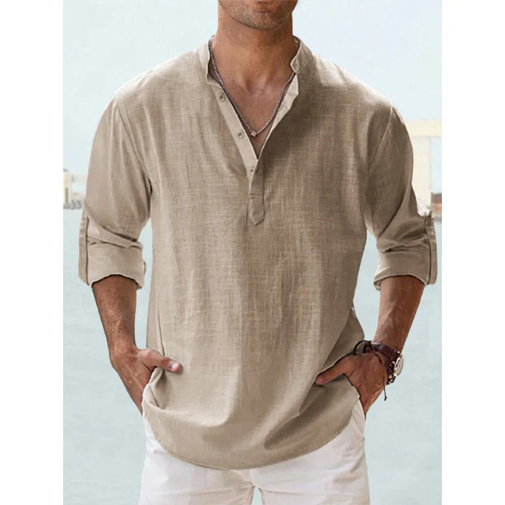 Men's Cotton-Linen Long Sleeve Beach Henley