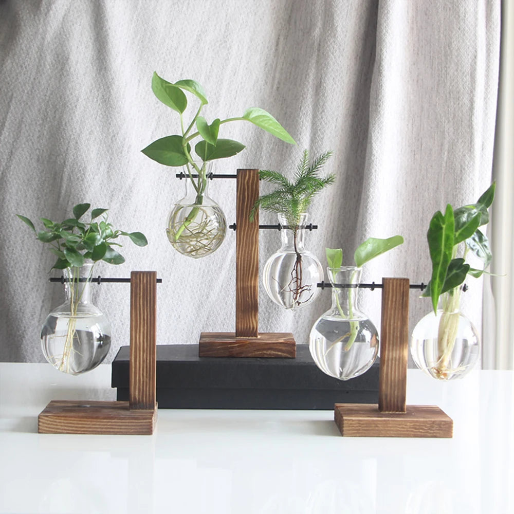 Vintage Glass Bulb Vase with Wooden Stand – Hydroponic Planter, Retro Desktop Decor for Home & Office