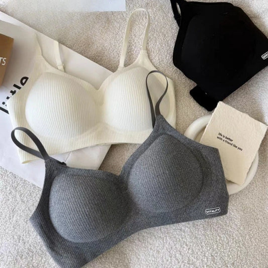 Ribbed Seamless Wireless Bra Women Thin Soft Padded No Underwire Adjustable Strap Comfort Daily Push Up Lingerie Underwear