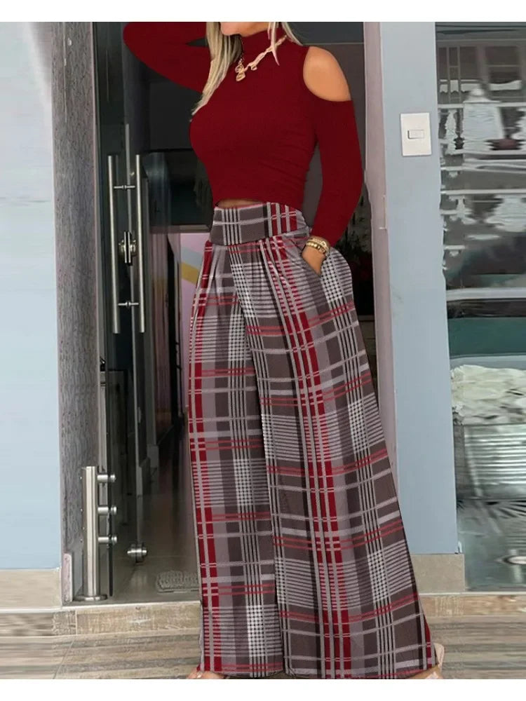 Women's Cold Shoulder Top & Plaid Wide-Leg Pants Set