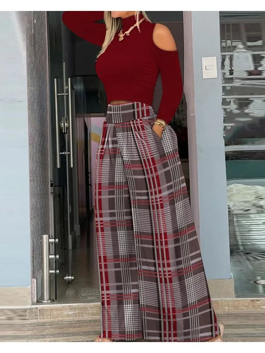 Women's Cold Shoulder Top & Plaid Wide-Leg Pants Set