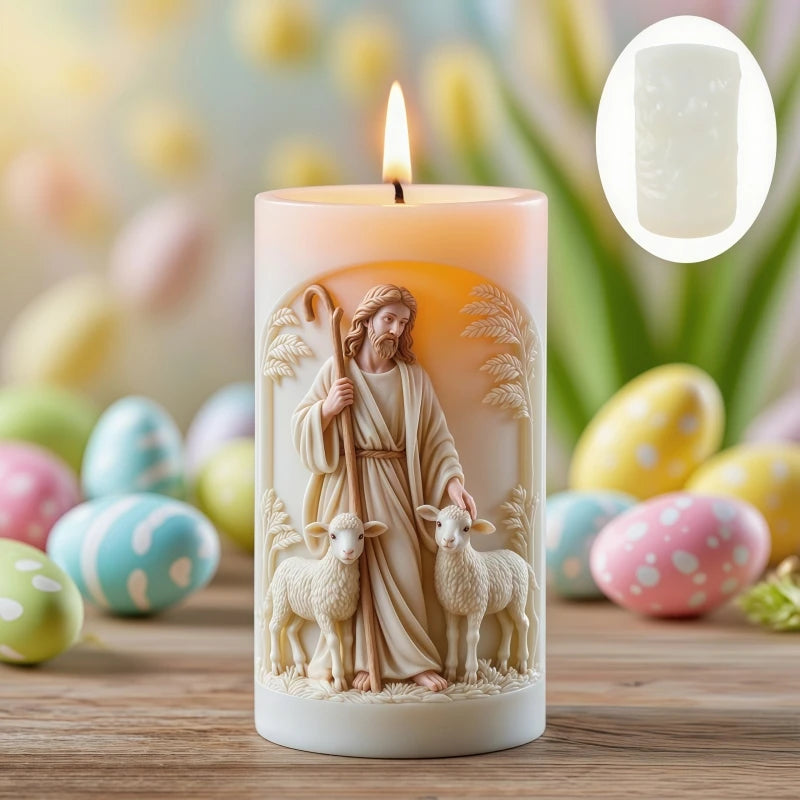 Jesus Shepherd Relief Cylinder Candle Silicone Mold Easter Jesus Shepherd Flower Resin Mold Jesus Sheep Relief Gypsum Mold