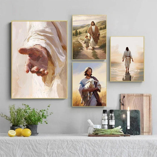 Jesus Christ Walking on Water Hand of God Jesus Portrait Classic Retro Poster Canvas Paintings Wall Art Pictures Home Decor