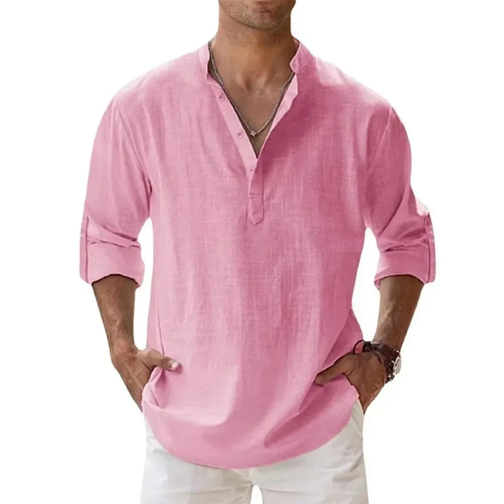 Men's Cotton-Linen Long Sleeve Beach Henley