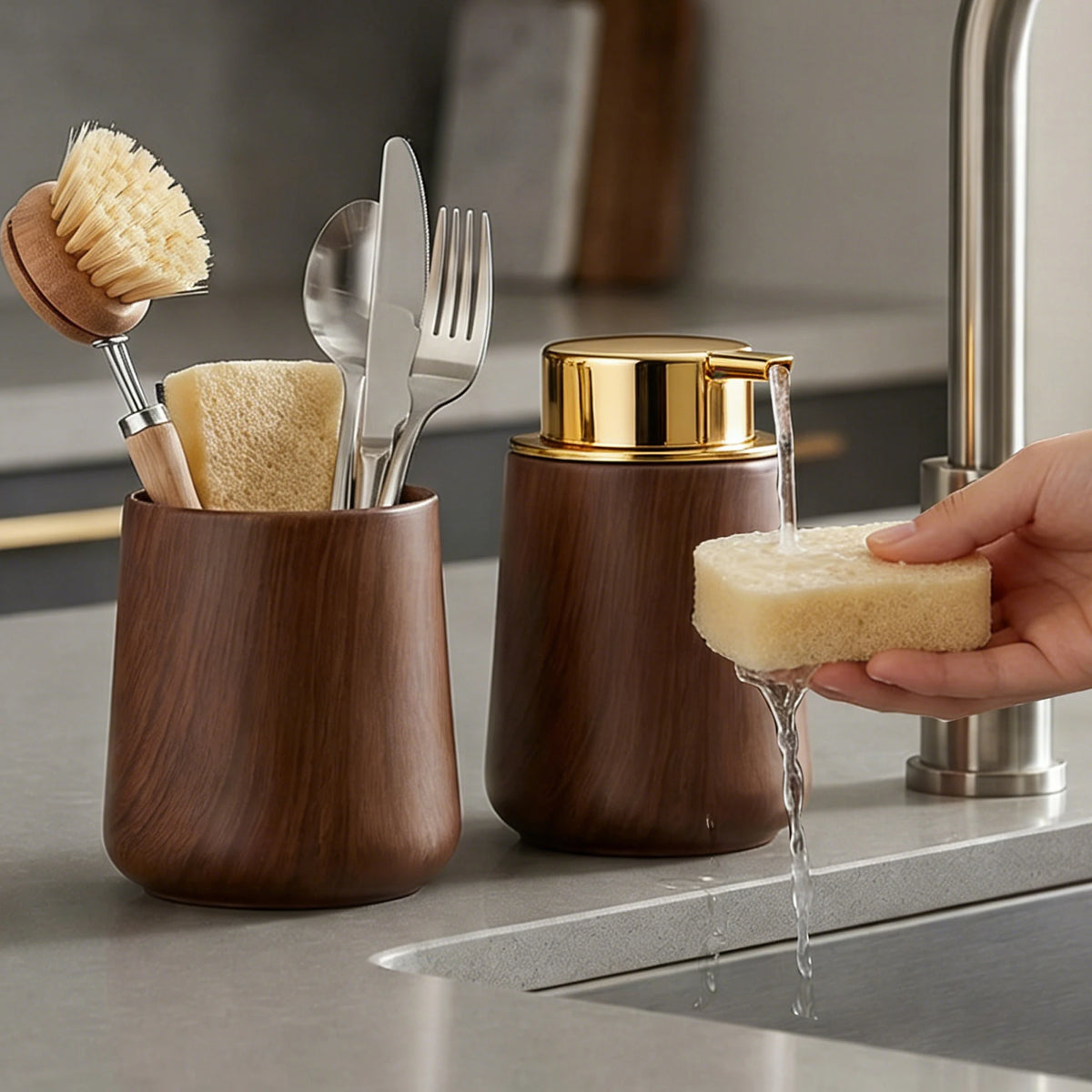 Luxury Bathroom Accessories Set – Refillable Soap Dispenser & Toothbrush Holder, Modern Farmhouse Decor