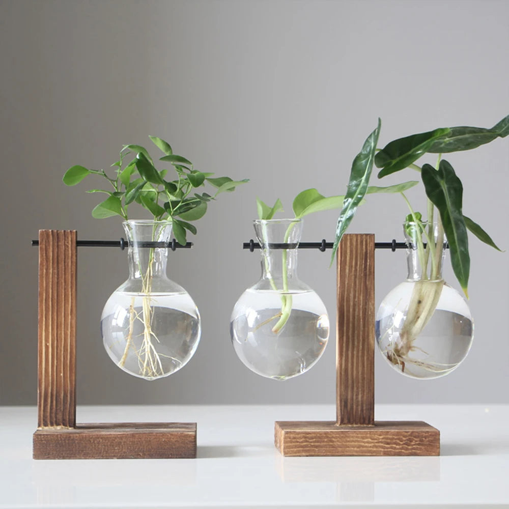 Vintage Glass Bulb Vase with Wooden Stand – Hydroponic Planter, Retro Desktop Decor for Home & Office