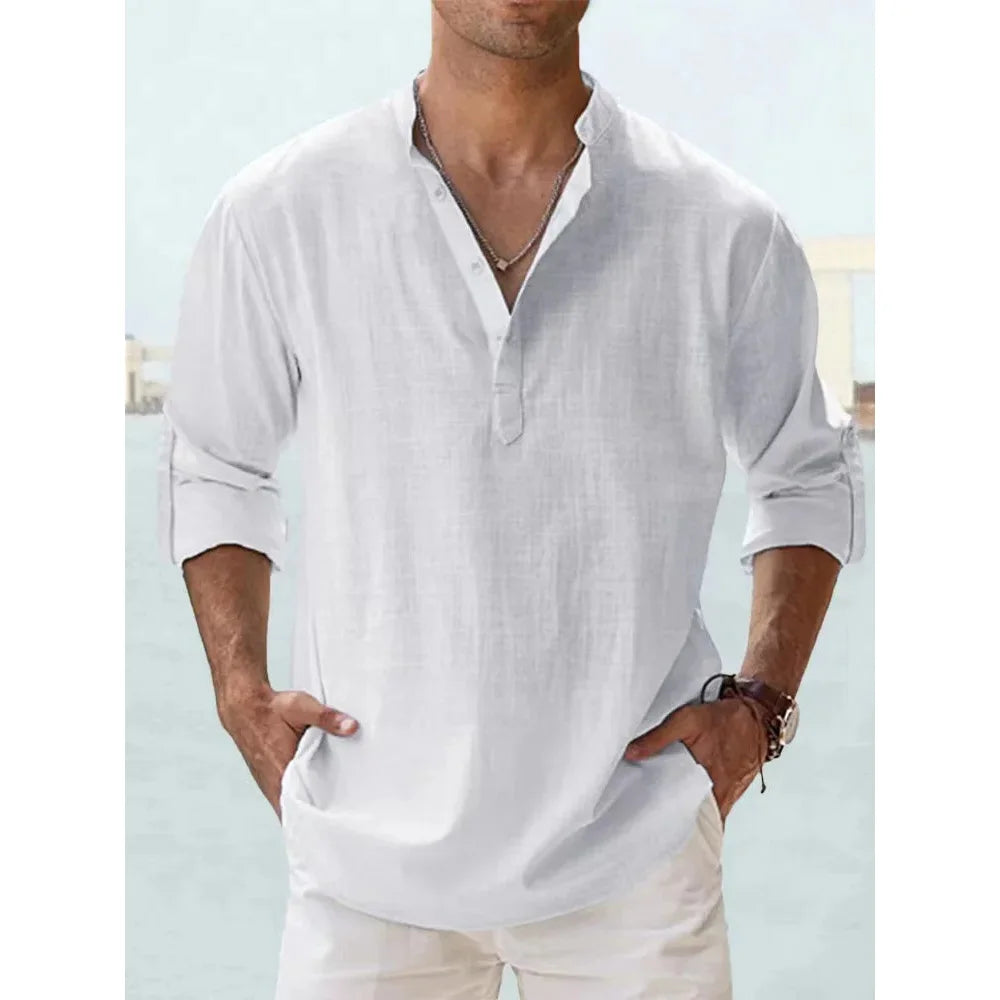 Men's Cotton-Linen Long Sleeve Beach Henley
