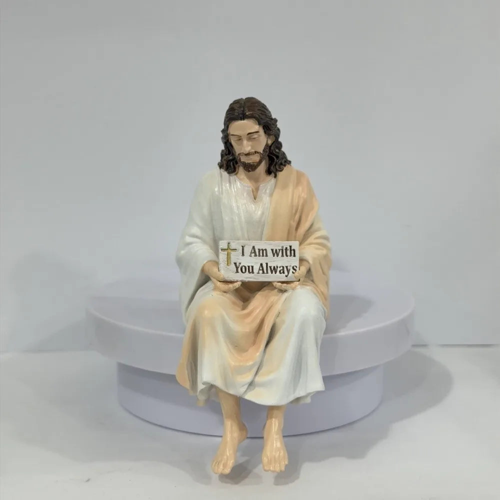 Hand Painted Jesus Figurine I Am with You Always Sitting Pose Resin Jesus Ornament Handmade Unique Jesus Christ Statue