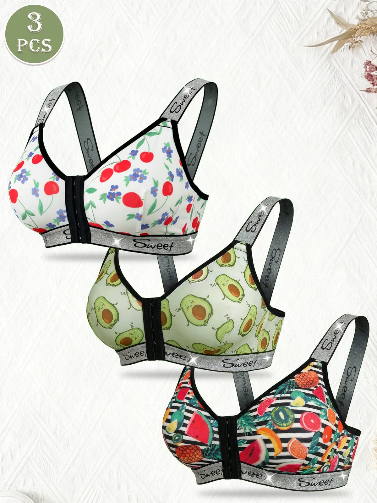 3 Pack Women's Wireless Bra, Mixed Fruit Print Front Closure Shiny Trim Comfort Bralette